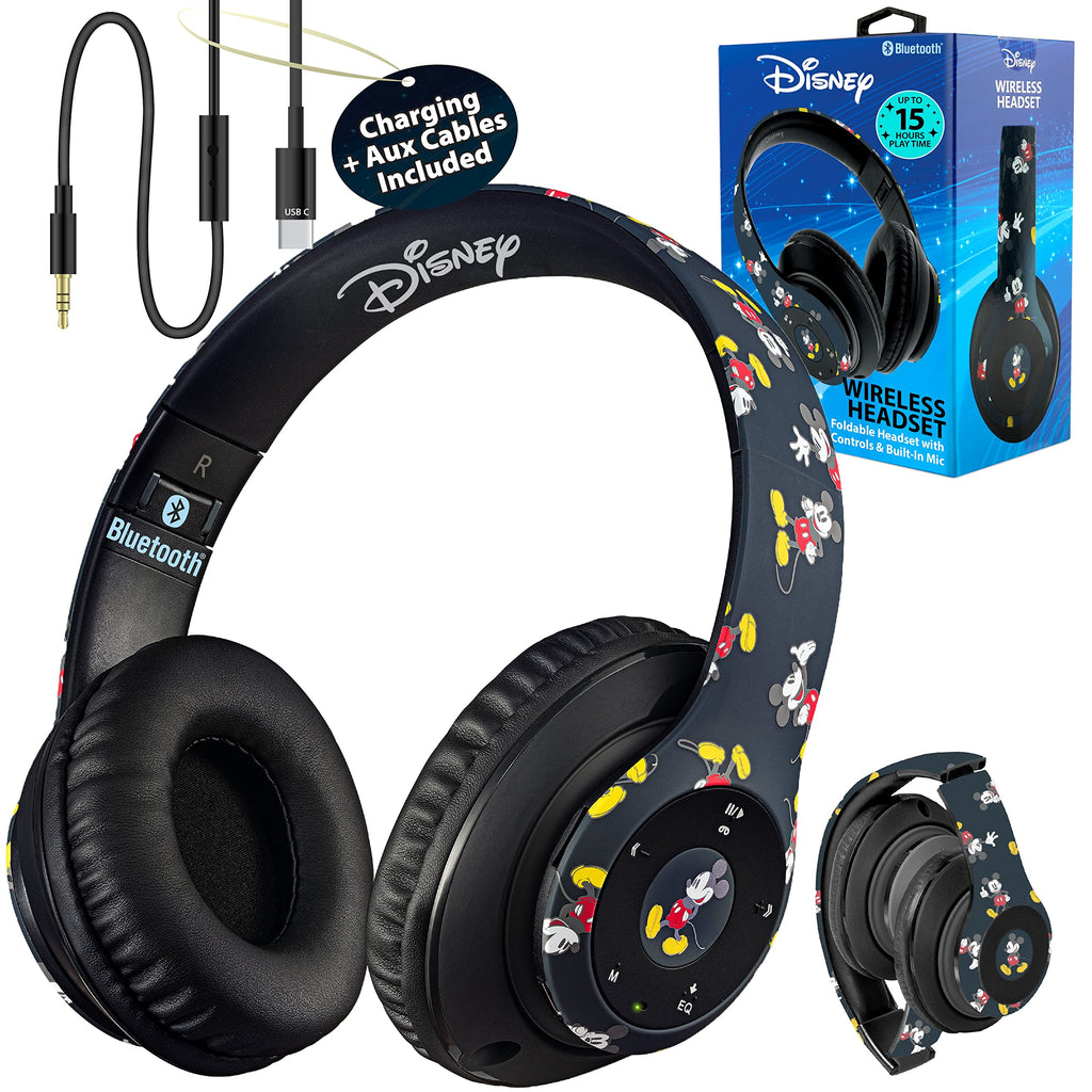 Disney Mickey Mouse Bluetooth Headphones Over Ear Wireless and Wired Foldable Headset Built-in Microphone - Birthday Gift Adults Kids - Audifonos Auriculares Inalambricos