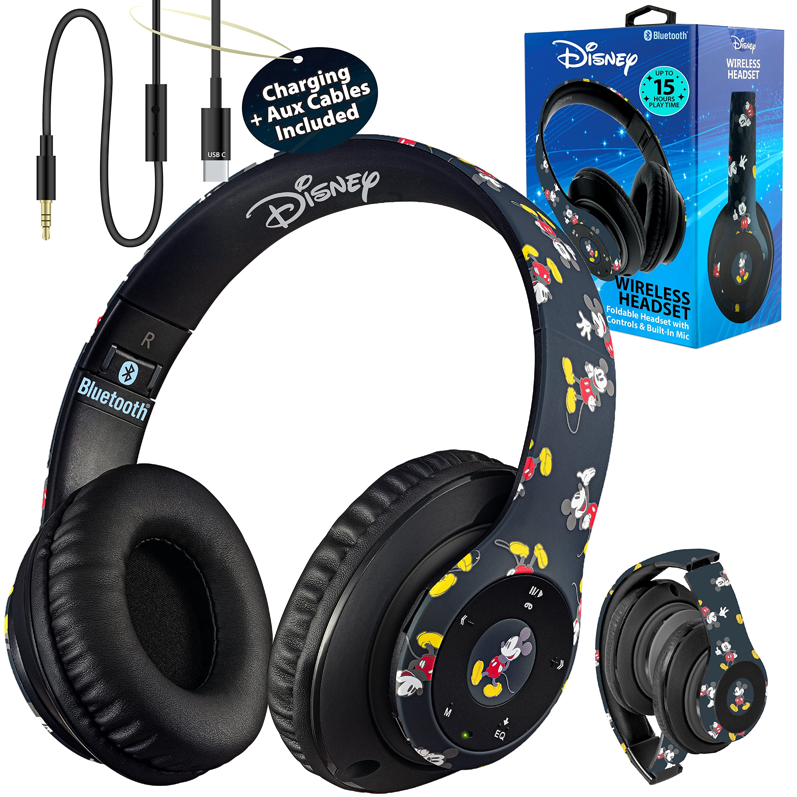 Disney Mickey Mouse Bluetooth Headphones Over Ear Wireless and Wired Foldable Headset Built-in Microphone - Birthday Gift Adults Kids - Audifonos Auriculares Inalambricos