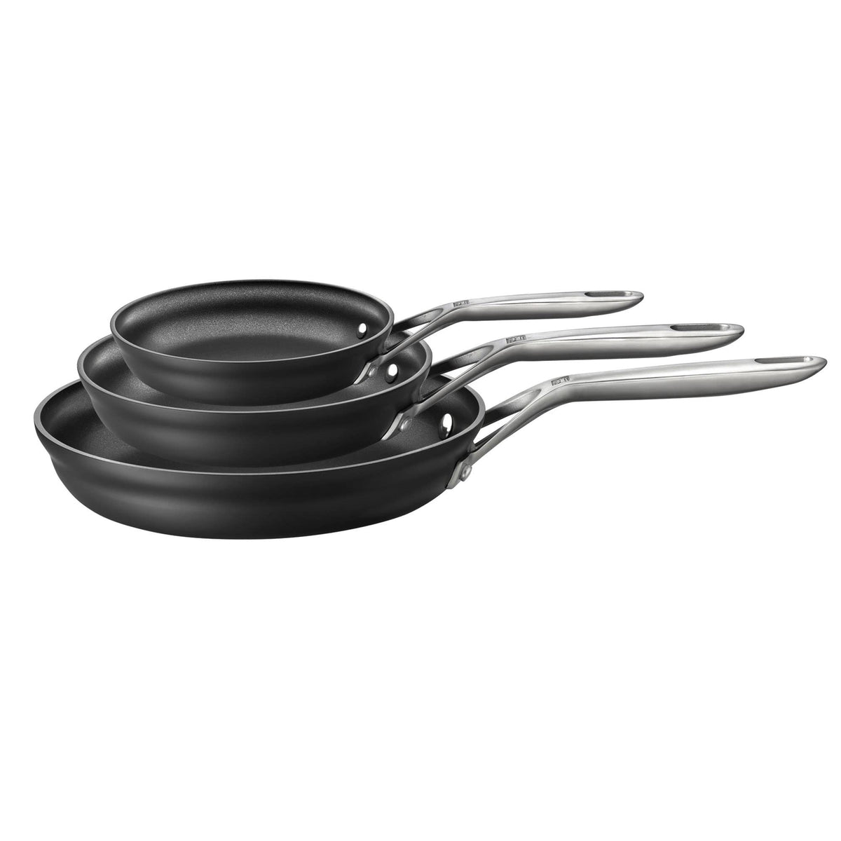 ZWILLING J.A. Henckels Motion Juego de 3 Sartenes Antiadherentes de Aluminio Anodizado Duro 8", 10" y 12" Limpieza Fácil Negro